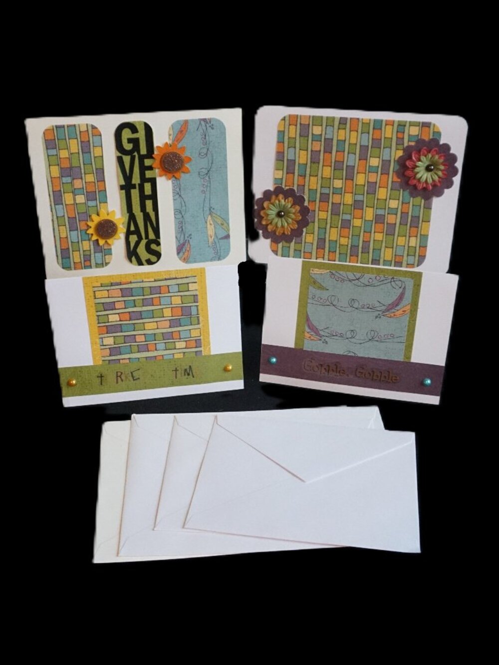4 Handmade Happy Thanksgiving Turkey Time Card Set with Embellishments